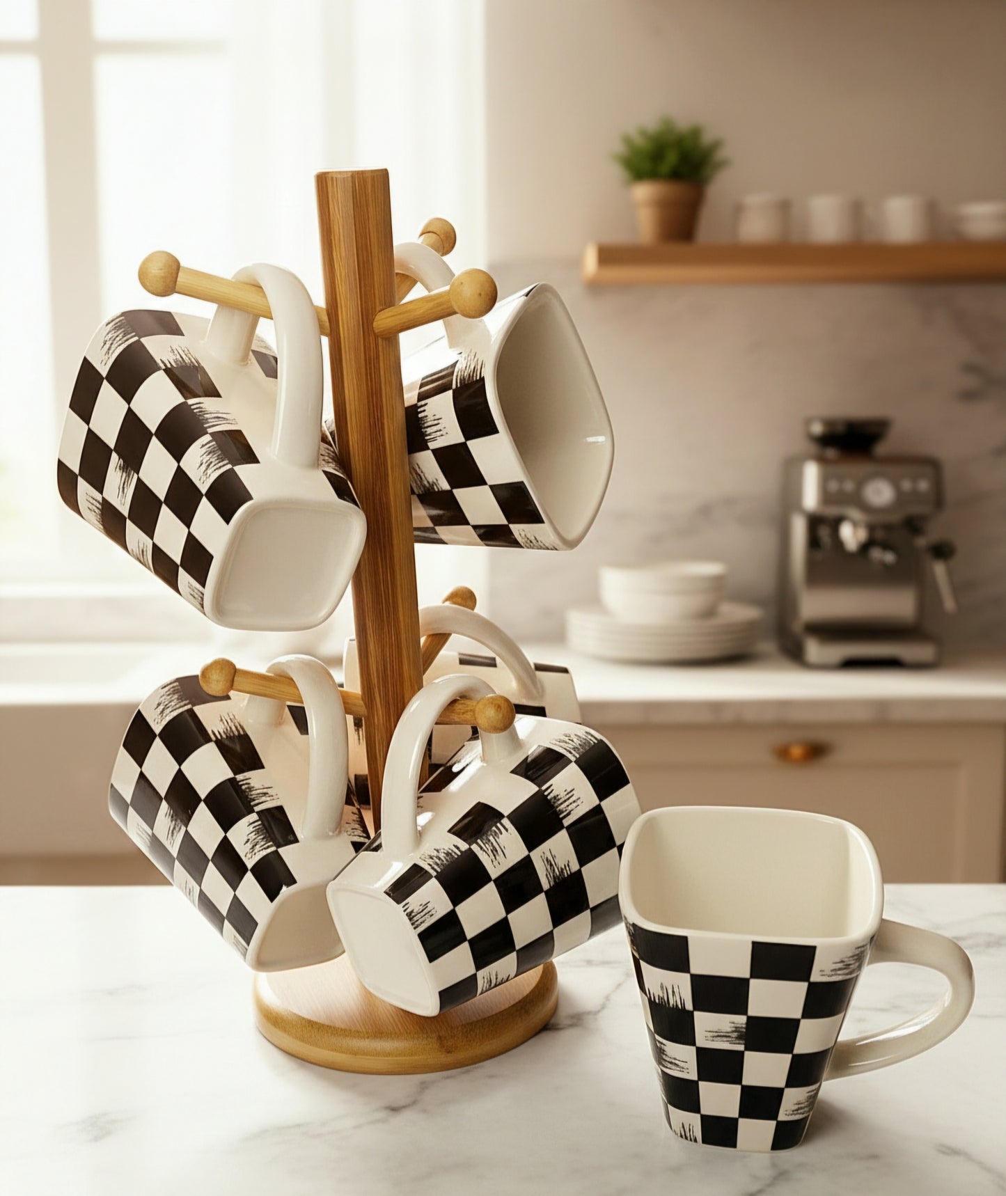 MUG 6PC'S SET WITH BAMBOO RACK (JDC7800-H28 BLACK/WHITE CHECK)