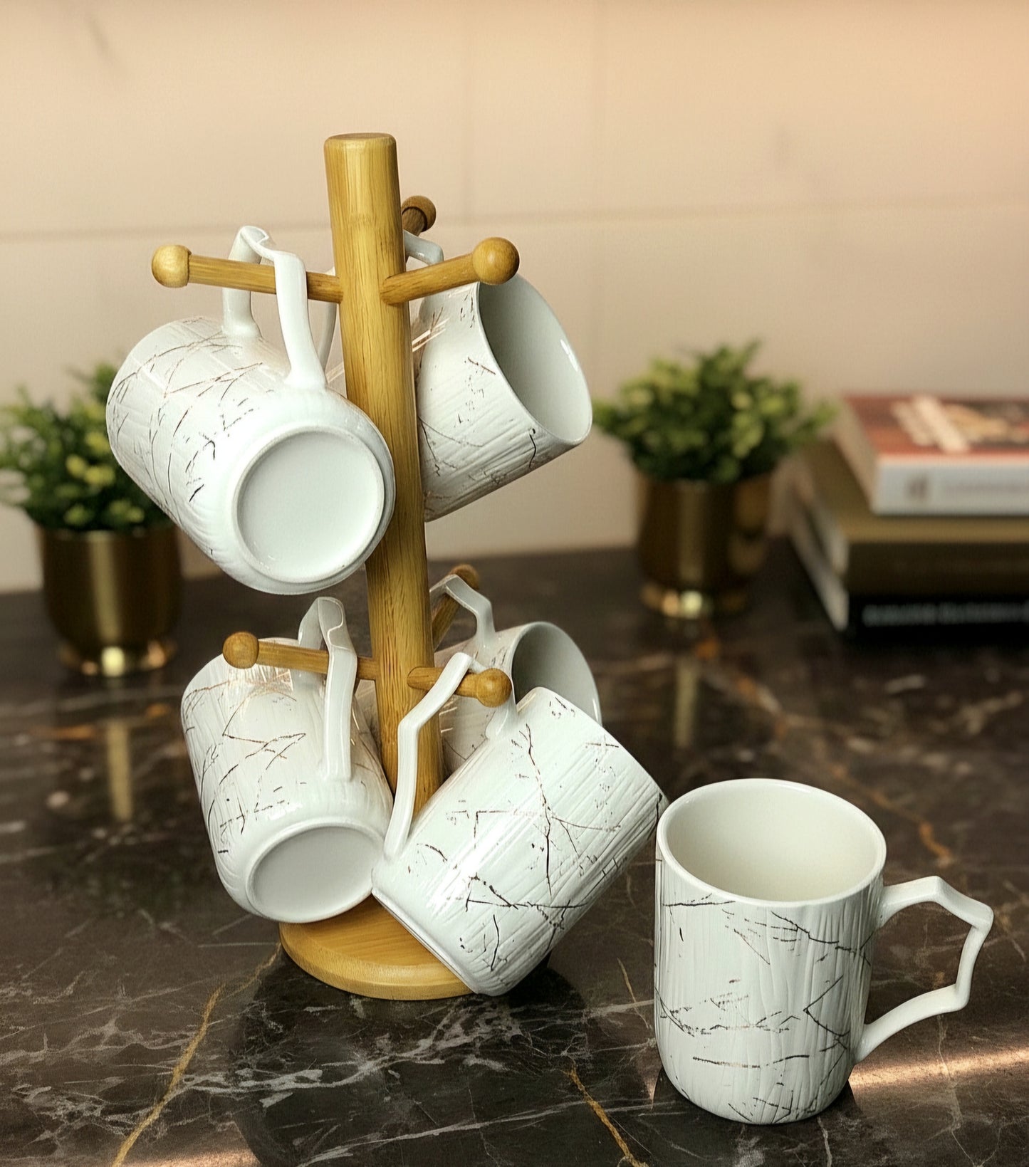 MUG 6PC'S SET WITH BAMBOO RACK (JD7684-H28 WHITE)