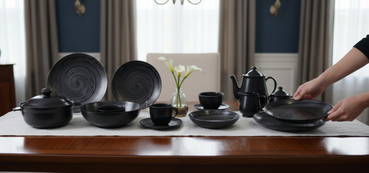 Tornado Black Noir [Padded Design] - Stoneware Dinner Set (Made in Indonesia)
