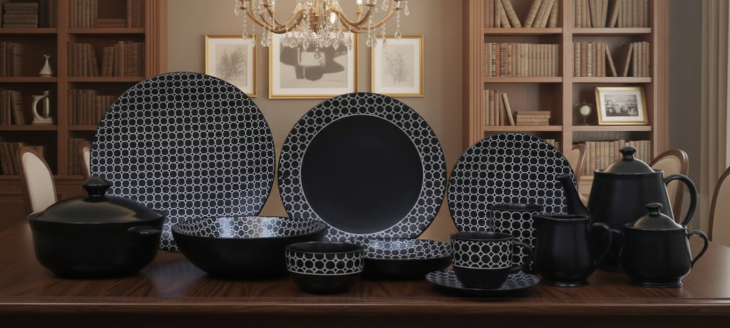 Beehives Black [Padded Design] - Stoneware Dinner Set (Made in Indonesia)