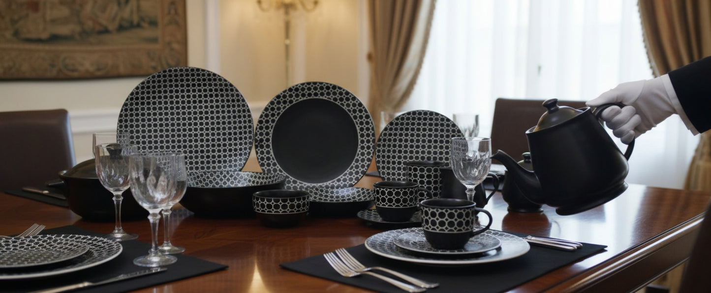 Beehives Black [Padded Design] - Stoneware Dinner Set (Made in Indonesia)
