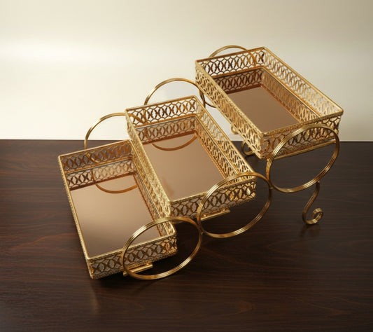 GOLDEN 3-TIER PASTRY STAND WITH GLASS [963-18]
