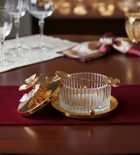 GOLDEN SUGAR POT WITH SPOON 1/PC [963-23]