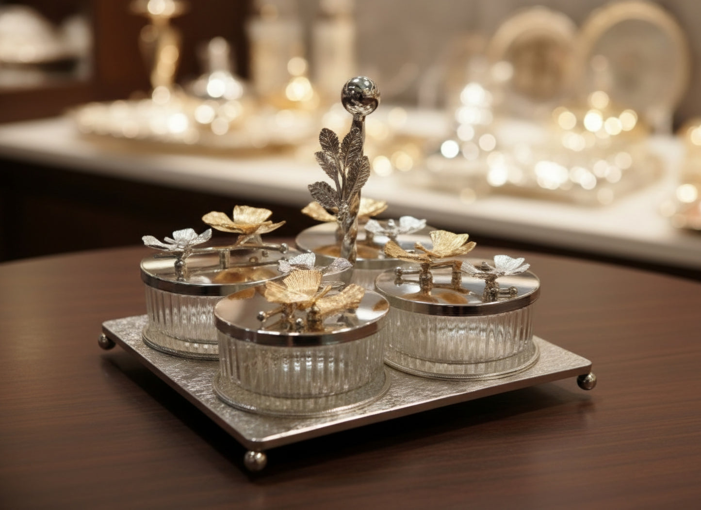 SILVER DRY FRUIT & CANDY SERVING SET 04/PC'S [963-4]