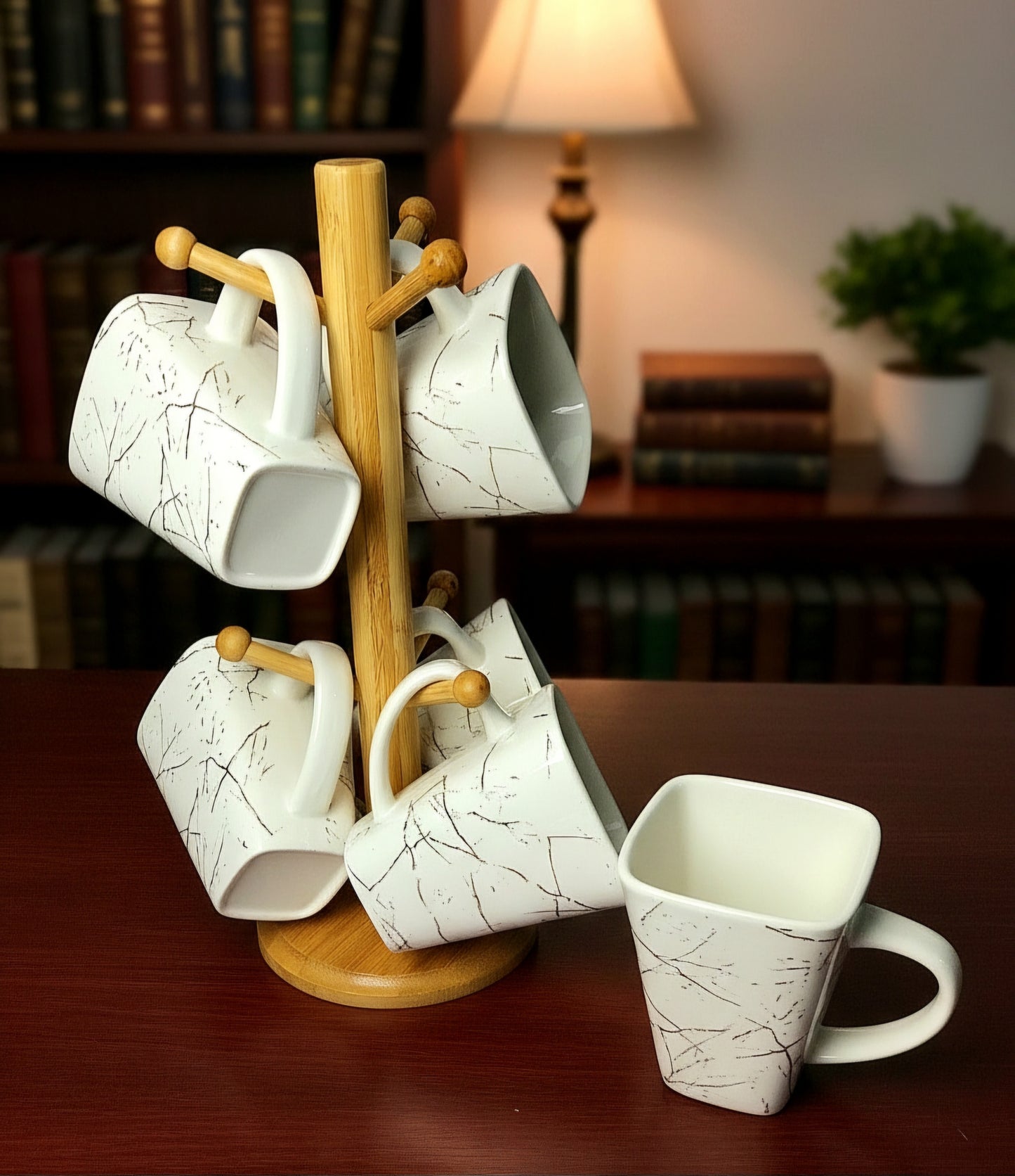 MUG 6PC'S SET WITH BAMBOO RACK (JD7800-H28 WHITE)