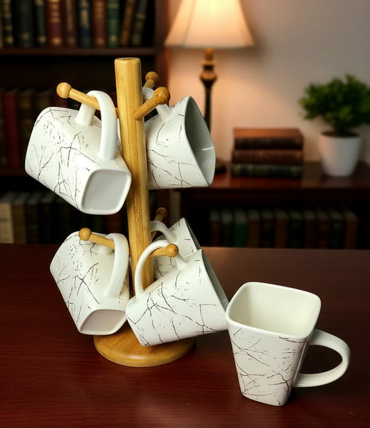 MUG 6PC'S SET WITH BAMBOO RACK (JD7800-H28 WHITE)