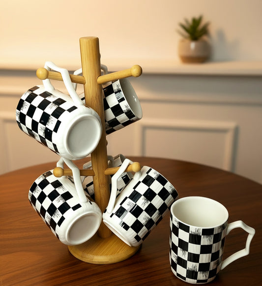 MUG 6PC'S SET WITH BAMBOO RACK (JD7684-H66 WHITE/BLACK CHECK)