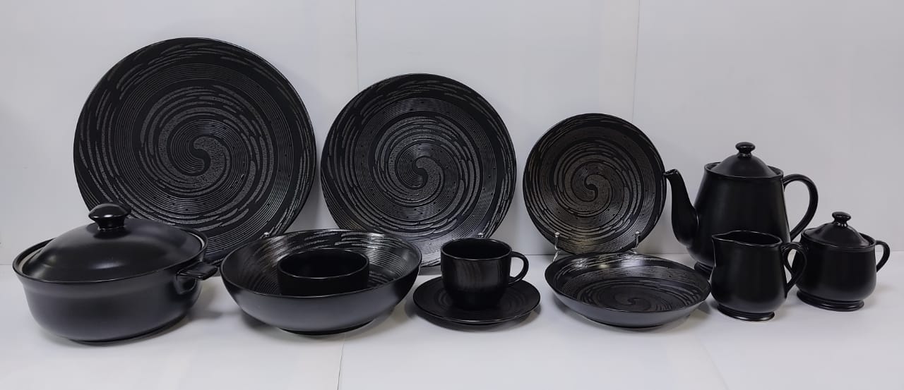 Tornado Black Noir [Padded Design] - Stoneware Dinner Set (Made in Indonesia)